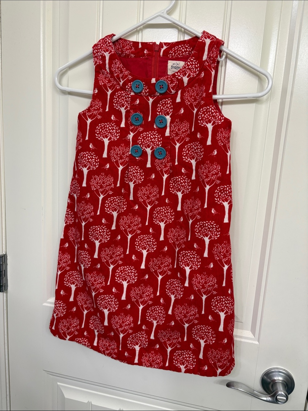 Mini Boden Red Tree Print Dress‎ with Teal Buttons